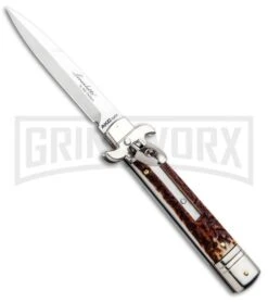AKC 7.75" Leverletto Stag Automatic Knife - Satin Bayonet