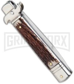 AKC 7.75" Leverletto Stag Automatic Knife - Satin Bayonet -Kershaw Shop AKC Leverletto Stag Auto Bayo GX 33460 jr side large