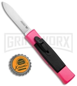 AKC Minion Concord Hot Pink OTF Automatic Knife - Flat Satin Plain -Kershaw Shop AKC Minion Concord OTF Hot Pink BHQ 72004 jr bottlecap large