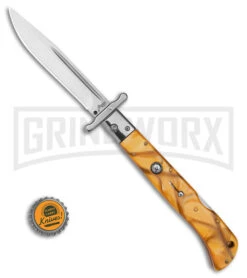 Italian Style 11" Roma Yellow Pearlex Auto Swinguard - Drop Point Polish Plain -Kershaw Shop AKC Roma 11in Yellow Pearlex Automatic Swinguard DP Polished Plain GX 39622 td size large