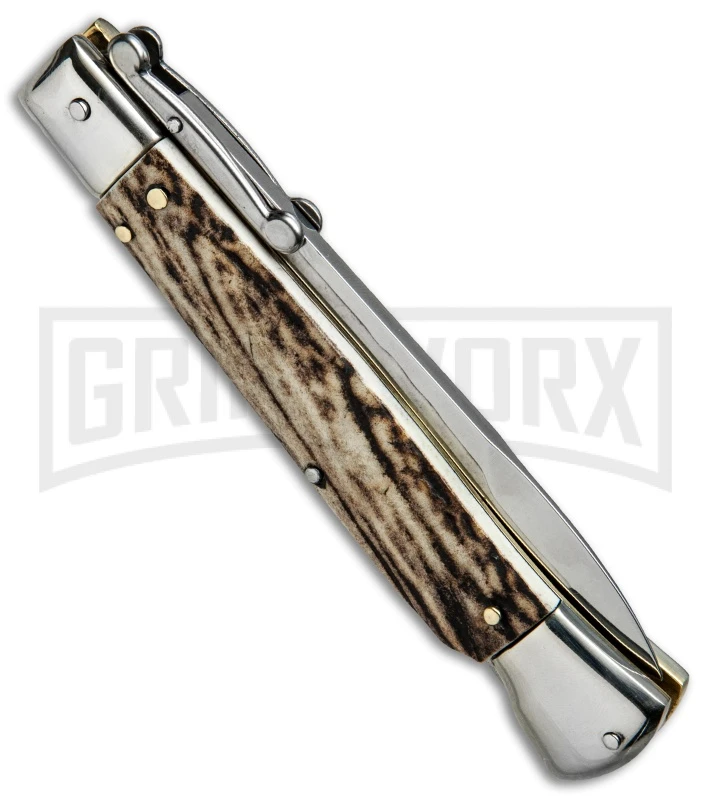 AKC 9" Italian Stiletto Swinguard Stag Horn Automatic Knife - Bayonet 5 AKC 9" Italian Stiletto Swinguard Stag Horn Automatic Knife - Bayonet - Image 3