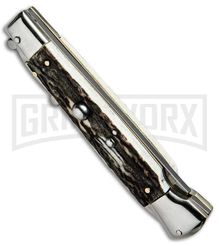 AKC 9" Italian Stiletto Swinguard Stag Horn Automatic Knife - Bayonet 4 AKC 9" Italian Stiletto Swinguard Stag Horn Automatic Knife - Bayonet - Image 2