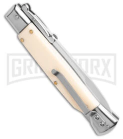 AKC 9" Italian Stiletto Swinguard Sim Ivory Auto Knife W/ Case - Polish Plain -Kershaw Shop AKC Swinguard 9in Automatic Italian Stiletto Sim Ivory with Case 4in Polish Bayonet BHQ 189012 td side large