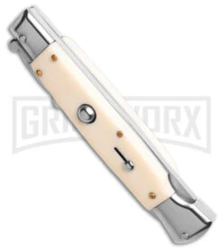 AKC 9" Italian Stiletto Swinguard Sim Ivory Auto Knife W/ Case - Polish Plain -Kershaw Shop AKC Swinguard 9in Automatic Italian Stiletto Sim Ivory with Case 4in Polish Bayonet BHQ 189012 td spine large