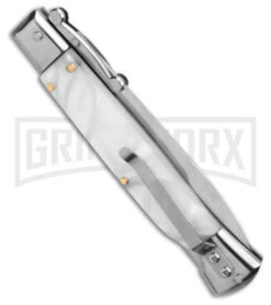 AKC 9" Italian Stiletto Swinguard White Pearlex Automatic Knife - Polish Plain -Kershaw Shop AKC Swinguard 9in Automatic Italian Stiletto White Pearlex 4in Polish Bayonet BHQ 180891 hd side large