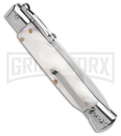 AKC 9" Italian Stiletto Swinguard White Pearlex Automatic Knife W/Box - Polish -Kershaw Shop AKC Swinguard 9in Automatic Italian Stiletto White Pearlex W Box 4in Bayonet BHQ 189013 td side large