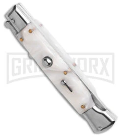 AKC 9" Italian Stiletto Swinguard White Pearlex Automatic Knife W/Box - Polish -Kershaw Shop AKC Swinguard 9in Automatic Italian Stiletto White Pearlex W Box 4in Bayonet BHQ 189013 td spine large