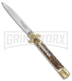AKC 9" Leverletto Stag Horn Brass Automatic Knife - Flat Grind