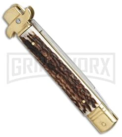 AKC 9" Leverletto Stag Horn Brass Automatic Knife - Flat Grind -Kershaw Shop AKC leverletto stag horn brass flat BP 18946 er side large