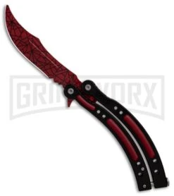 Andux CS Balisong Black Butterfly Knife W/ Red Inlays - Bowie Red Spider Web