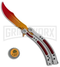 Andux CS Balisong Silver Butterfly Knife W/ Red Inlays - Bowie Gold/Red Plain -Kershaw Shop Andux CS Balisong Silver Butterfly Red Inlays Bowie Gold Red Plain GX 32299 er bottlecap large