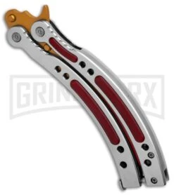 Andux CS Balisong Silver Butterfly Knife W/ Red Inlays - Bowie Gold/Red Plain -Kershaw Shop Andux CS Balisong Silver Butterfly Red Inlays Bowie Gold Red Plain GX 32299 er spine large
