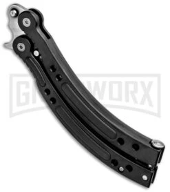 Andux CS Black Balisong Butterfly Knife W/ Black Inlays - Bowie Satin Plain -Kershaw Shop Andux CS Black Balisong Butterfly Black Inlays Bowie Satin Plain PK 8 GX 33140 jr side large