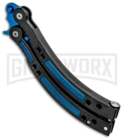 Andux CS Black Balisong Butterfly Knife W/ Blue Inlays - Bowie Blue Plain -Kershaw Shop Andux CS Black Balisong Butterfly Blue Inlays Bowie Blue Plain PBF4T BF310477 4 GX 33138 jr side large