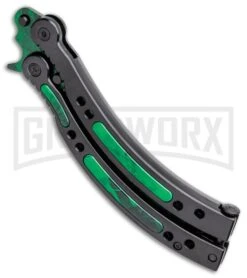 Andux CS Black Balisong Butterfly Knife W/ Green Inlays - Bowie Green Plain -Kershaw Shop Andux CS Black Balisong Butterfly Green Inlay Bowie Green Plain GX 35604 jr side large