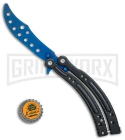 Andux CS Black Balisong Butterfly Trainer - Blue Holes -Kershaw Shop Andux CS Black trainer blue holes BP 24579 er bottlecap large