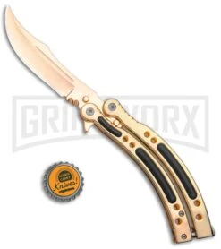 Andux CS Gold Balisong Butterfly Knife W/Black Inlays- Plain 9 Andux CS Gold Balisong Butterfly Knife W/Black Inlays- Plain -Kershaw Shop Andux CS Gold Balisong Butterfly Black Inlay Bowie Plain GX 35606 jr bottlecap large