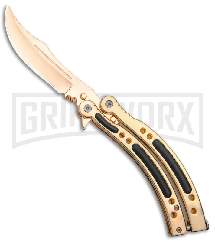 Andux CS Gold Balisong Butterfly Knife W/Black Inlays- Plain 3 Andux CS Gold Balisong Butterfly Knife W/Black Inlays- Plain