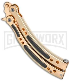 Andux CS Gold Balisong Butterfly Knife W/Black Inlays- Plain 8 Andux CS Gold Balisong Butterfly Knife W/Black Inlays- Plain -Kershaw Shop Andux CS Gold Balisong Butterfly Black Inlay Bowie Plain GX 35606 jr side large