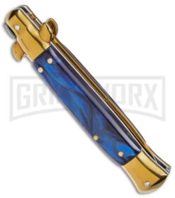 9" Anomaly Stiletto Blue Pearlex Automatic Knife - Gold Bayo -Kershaw Shop Anomaly 9in stiletto blue pealex ak gold bayo gx 39374 td side large