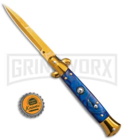 9" Anomaly Stiletto Blue Pearlex Automatic Knife - Gold Bayo -Kershaw Shop Anomaly 9in stiletto blue pealex ak gold bayo gx 39374 td size large