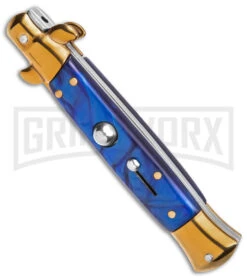 9" Anomaly Stiletto Blue Pearlex Automatic Knife - Gold Bayo -Kershaw Shop Anomaly 9in stiletto blue pealex ak gold bayo gx 39374 td spine large