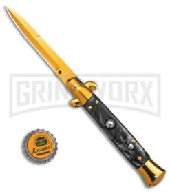 9" Anomaly Stiletto Black Pearlex Automatic Knife - Gold Bayo -Kershaw Shop Anomaly Stiletto Black Pearlex AK 9in Gold Bayo GX 39375 td size large