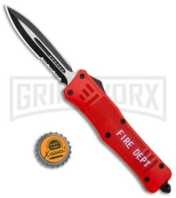 Atomic Defender Large OTF Automatic Knife Fire Dept. Red - Serr Two Tone Dagger -Kershaw Shop Atomic Defender Dagger Fire Department Red OTF Auto Serr TT GX 35882 jr bottlecap large