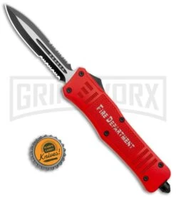 Atomic Defender Large OTF Automatic Knife Fire Dept. Red - Double Serr Two-tone -Kershaw Shop Atomic Defender Large OTF Auto Fire Department Red Double Serr TT GX 37226 jr bottlecap large