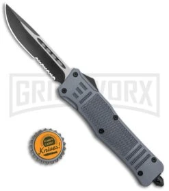 Atomic Defender Large OTF Automatic Knife Gray - Serr Two Tone Drop Point -Kershaw Shop Atomic Defender Large OTF Auto Gray Serr TT DP GX 37241 jr bottlecap large