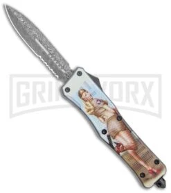 Atomic Defender Large OTF Automatic Knife Pin Up Tan - Serr Damascus Dagger
