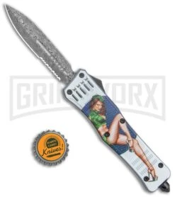 Atomic Defender Large OTF Automatic Knife Pin Up Green - Serr Damascus Dagger -Kershaw Shop Atomic Defender Large OTF Auto Pin Up Tan Serr Damascus Dagger GX 37340 jr bottlecap large