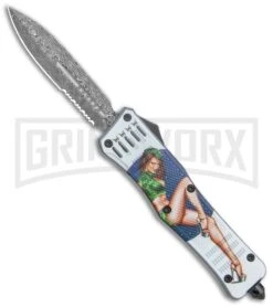 Atomic Defender Large OTF Automatic Knife Pin Up Green - Serr Damascus Dagger