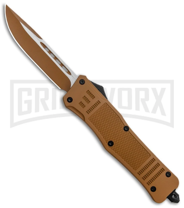 Atomic Defender Large OTF Automatic Knife Sand Brown - Brown Two Tone Drop Point 3 Atomic Defender Large OTF Automatic Knife Sand Brown - Brown Two Tone Drop Point
