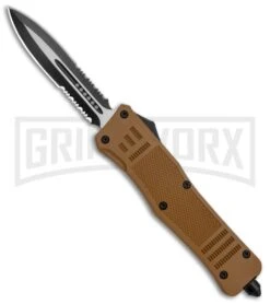 Atomic Defender Large OTF Automatic Knife Sand Brown - Two Tone Serrated Dagger