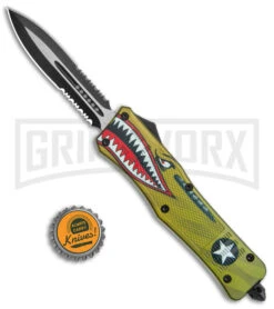 Large Atomic Defender OTF Yellow Warhawk Automatic Dagger Knife - Two Tone Serr -Kershaw Shop Atomic Defender Large OTF Auto Yellow Warhawk TT Dagger Double Serr GX 38218 jr bottlecap large