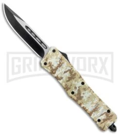 Atomic Defender Medium OTF Automatic Knife Tan Camo - 2 Tone Clip Point Plain