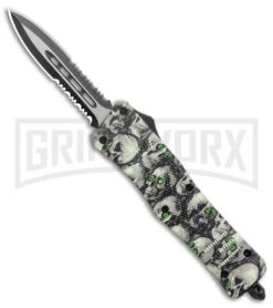 Atomic Defender Medium OTF Automatic White/Green Skull Dagger (3.25" Satin Serr)