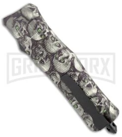 Atomic Defender Medium OTF Automatic White/Green Skull Dagger (3.25" Satin Serr) -Kershaw Shop Atomic Defender Medium OTF Auto White Skull TT Dagger Serr GX 37538 jr side large