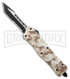 Atomic Defender Medium Tan Digi Camo OTF Automatic Knife - Two Tone Tanto Serr