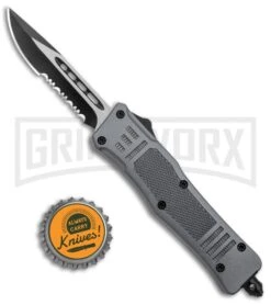Atomic Defender Mini OTF Automatic Knife Gray - Two Tone Drop Point Serr -Kershaw Shop Atomic Defender Mini OTF Auto Gray TT DP Serr GX 37470 jr bottlecap large
