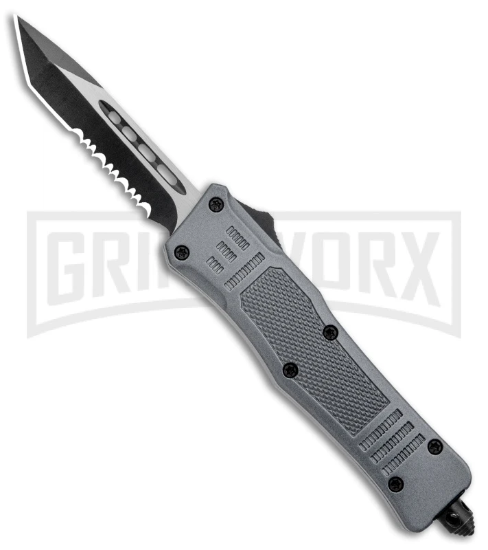 Atomic Defender Mini OTF Automatic Knife Gray - Serr Two Tone Tanto 3 Atomic Defender Mini OTF Automatic Knife Gray - Serr Two Tone Tanto