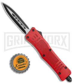 Atomic Defender Mini Red OTF Automatic Dagger Knife - Two Tone Plain -Kershaw Shop Atomic Defender Mini OTF Auto Red TT Dagger BHQ 141076 jr bottlecap 2 large