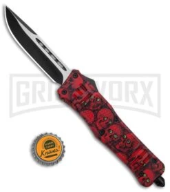 Atomic Defender Large OTF Automatic Knife Red Skull - Two Tone Drop Point -Kershaw Shop Atomic Defender Red Skull DP OTF Auto TT GX 35867 jr bottlecap large
