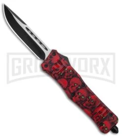 Atomic Defender Large OTF Automatic Knife Red Skull - Two Tone Drop Point