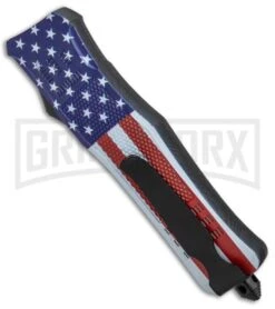 Atomic Defender Large OTF Knife Stars & Stripes Flag - Serr Two Tone Dagger -Kershaw Shop Atomic Defender USA Flag OTF Auto Dagger TT Serr GX 33724 jr side large