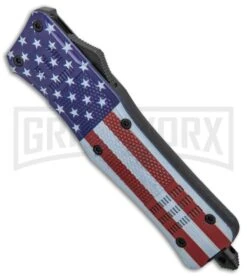 Atomic Defender Large OTF Knife Stars & Stripes Flag - Serr Two Tone Dagger -Kershaw Shop Atomic Defender USA Flag OTF Auto Dagger TT Serr GX 33724 jr spine large