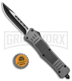 Atomic Defender Medium OTF Automatic Knife Gray - Two Tone Drop Point -Kershaw Shop Atomic Medium Defender Gray OTF Auto DP TT GX 35855 jr bottlecap large