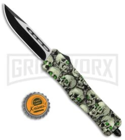 Atomic Defender Medium OTF Automatic Knife White Skull - Two Tone Drop Point -Kershaw Shop Atomic Medium Defender White Skull OTF Auto DP TT GX 35875 jr bottlecap large