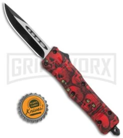 Atomic Defender Mini OTF Automatic Knife Red Skull - Two Tone Drop Point Plain -Kershaw Shop Atomic Mini DP Red Skull OTF Auto TT GX 36430 jr bottlecap large